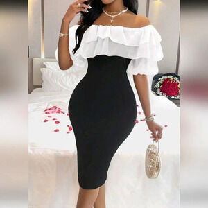 Women's Off Shoulder Puff Sleeve Bodycon Dress